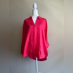 Jones & Co Women's Medium Linen V-Neck Collared Shirt Pink Fuchia